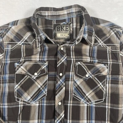 BKE Hebilla Para Hombre Mediana Western Perla Broches Ajustados A Cuadros Manga Larga Marrón Foto 1 de 4