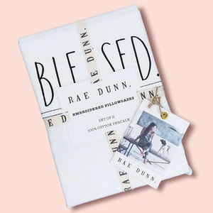 Rae Dunn BLESSED Embroidered Pillowcases 100% Percale Cotton Standard Size NWT - Picture 1 of 5
