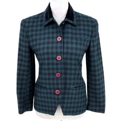 Jones NY куртка Petites 2P шерсти синий зеленый чек с подкладкой черный бархат воротник винтажный - Изображение 1 из 4