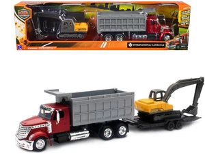 International Lonestar Dump Truck Red and Tracked Excavator Yellow with Flatbed  - Picture 1 of 1