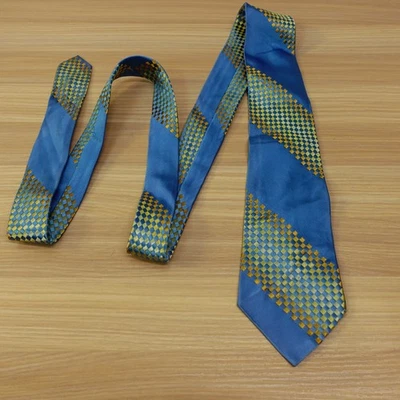 Corbata de cuello vintage tejida con canasta para hombre azul dorado a cuadros discoteca francesa años 70 RHODIA Foto 1 de 4