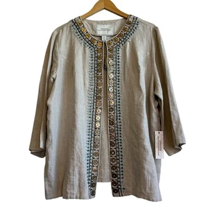 Chico's NEW Linen Embellished Open Front 3/4 Sleeve Duster Blazer Size (4) XXL - Picture 1 of 12