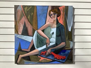 Große James V. Gilliland abstrakte Figur Öl/Leinwand "Der rote Schal" 36" quadratisch - Bild 1 von 12