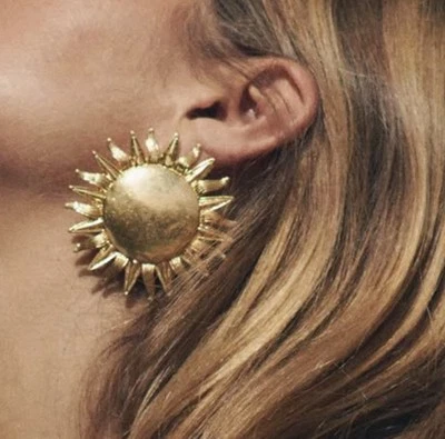 Zara 向日葵耳环 花 波西米亚 金色 哑光 声明 太阳花卉 海滩 — 第 1/4 张图片