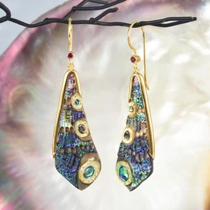 Dragonfly Wing Earrings Abalone Carving Gold Vermeil Sterling Silver Ruby 5.56 g - Picture 1 of 10