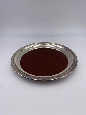 Bandeja laminada vintage de madera marrón sintética redonda plateada media luna 8" Foto 1 de 4