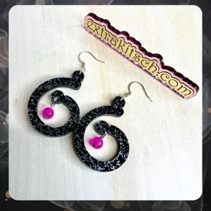 Hot Pink Black Swirl Glitter Earrings  - Handmade - Picture 1 of 3