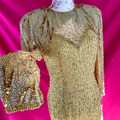 Vestido de cóctel vintage Oleg Cassini de seda con cuentas lentejuelas doradas estrás 6 años 80 90 Foto 1 de 4