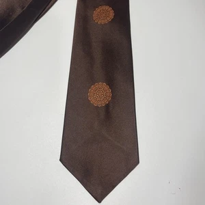 Vintage braune Seidenkrawatte mit orangem Medaillon Muster Seidenstoff Schweiz - Bild 1 von 6