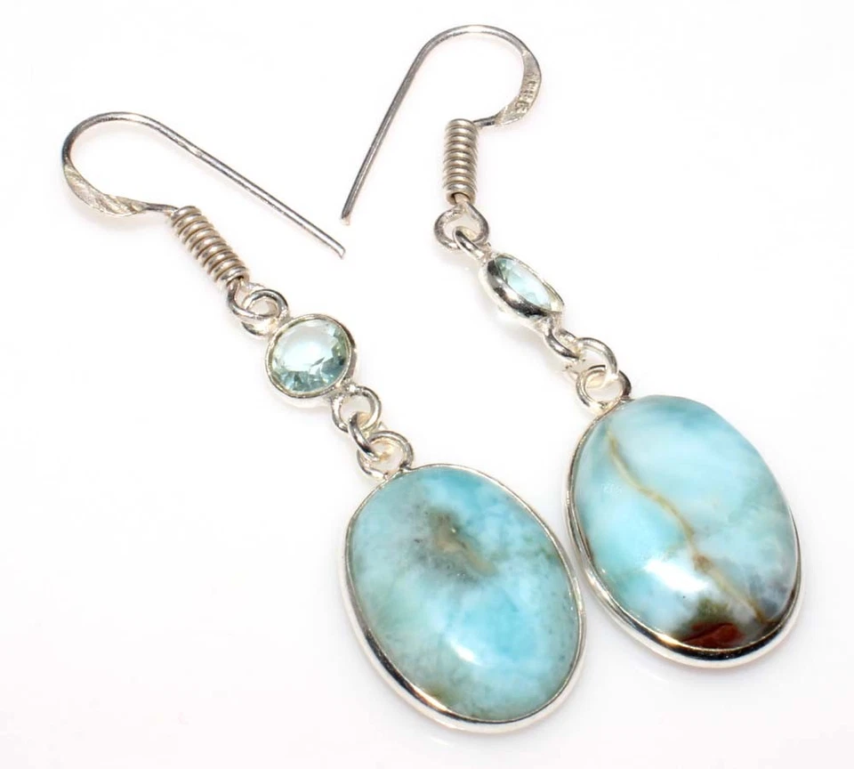 Pendientes Cluster Larimar Topacio Azul 1.9" Hecho a Mano Regalo GW Foto 1 de 1