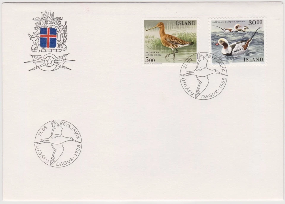 Iceland FDC 1988, Birds, Black-tailed Godwit, Long-tailed Duck, mint - Image 1 of 1