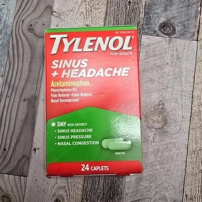 Comprimidos de día para dolor de cabeza sinusal Tylenol, alivio del dolor de 24 CT y descongestionante nasal 26/10 Foto 1 de 2