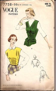 Rare 1950's Waistcoat and Topper Vintage Pattern ~ Vogue 7758 ~ Size 16 - Picture 1 of 2