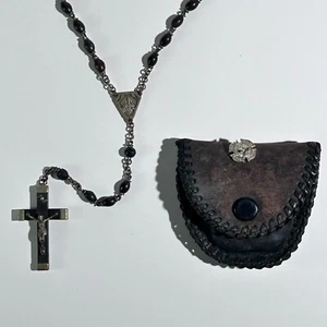 VTG France Rosary Wood Beads + Stations Cross w/ Leather Pouch Catholic 19" - Picture 1 of 6