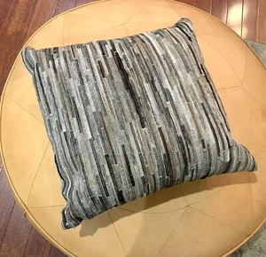 LOLOI 22" Gray & Brown Pony Hair Leather Throw Pillow with Feather Insert NEW - Picture 1 of 7