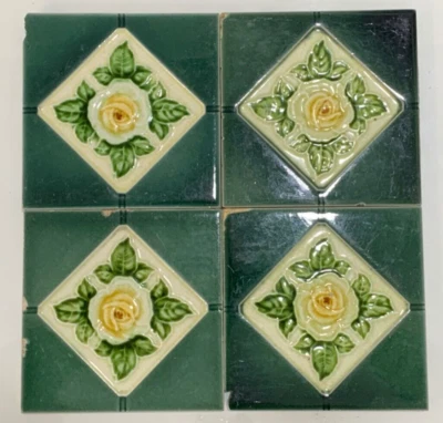 4 piezas Azulejos Inglaterra Art Nouveau Mayólica Antigua Rara De Colección Floral 6x6 Pulgadas Foto 1 de 4