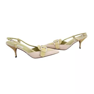 Y2K Prada Pointy Slingback Heels Khaki Canvas Pistachio Leather 39 9 New RK - Picture 1 of 8