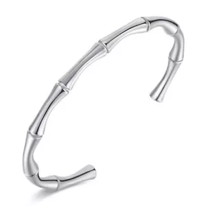 Bamboo Open Cuff Bangle Silver Bracelet High Polished Stainless Steel Jewelry - Picture 1 of 12
