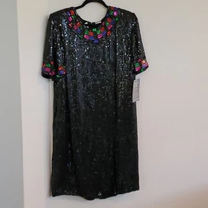 Vintage New Stenay Size 22 100% Silk Black Sequin Dress *flaw* - Picture 1 of 12