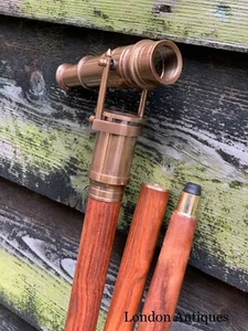 Vintage Brass Telescope Handle Wooden Walking Stick Cane Spyglass Antique Scope - Picture 1 of 9