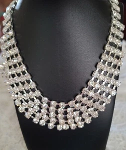 Vintage Silver Tone 4 Row Rhinestone Bib Necklace Sz. 18" & 54 Gm. N213 - Picture 1 of 4