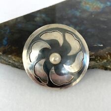 VTG Sterling Silver 925 Mexico Signed SOSA Round Floral Pearl Pendant Brooch