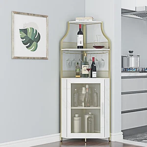 Corner Wine Rack Baffle Design Bar Cabinet with Glass Holder and Storage Shelves - Picture 1 of 15