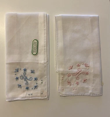 Vtg Lot 2  Monogram "H" Pink Blue White Madeira Embroidered  Bees Handkerchiefs - Image 1 of 4