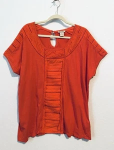 Lucky Brand Top Womens 2X Coral Orange Slub Knit Eyelet Crochet Trim Cotton Boho - Picture 1 of 8