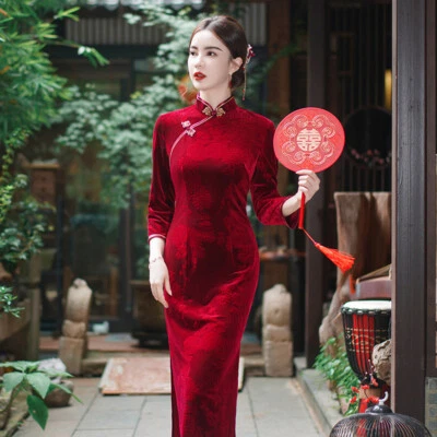 Mujeres Vestido de Terciopelo Tradicional Chino Otoño Terciopelo Cheongsam Noche Qipao Foto 1 de 4