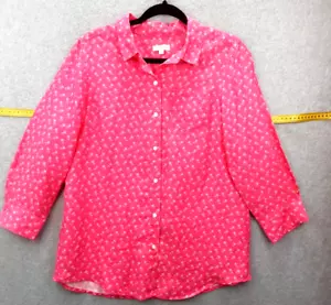 W Lane Size 10 Hot Pink Ditzy Floral Print Long Sleeve Button Up Pure Linen Top - Picture 1 of 11
