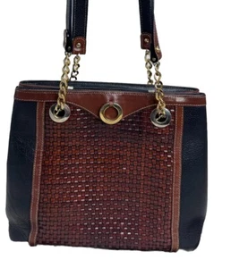 BALLY Black Woven Leather Gold Chain Shoulder Bag Purse Brown Satchel VTG 99490 - Picture 1 of 24