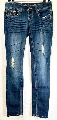 Jeans antiguos remaches desgastados cuero bordado cristales en bolsillos talla 28 Foto 1 de 4