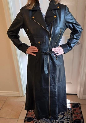 Vestido Slinky Genuino LARGO Cuero Negro con Forro Rojo Satinado Estilo Motociclista Talla M ¡NUEVO CON ETIQUETAS! Foto 1 de 4