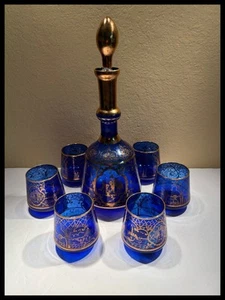 Vintage Murano Cobalt Blue Venetian Theme Decanter With Six Glasses Cordial Set. - Picture 1 of 15