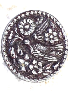 Antique Pewter Bird  Picture Button. Late 1800s. Burgundy Tint.  1 Inch - Picture 1 of 5