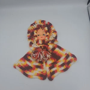 Bachete de ganchillo cara muñeca de plástico vintage colgante de pared amarillo naranja - Imagen 1 de 8