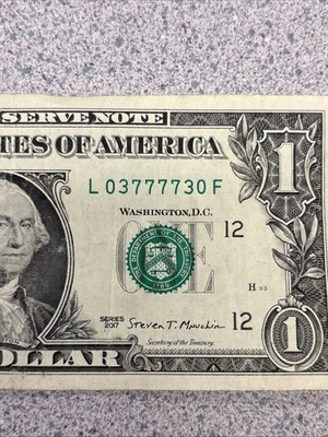 Quad Radar Fancy Serial Number L03777730F 2017A 1$ One Dollar Bill - Image 1 of 4
