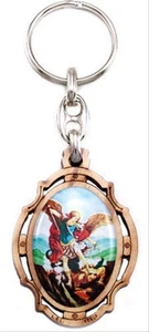 NEW MADE IN ITALY SAINT MICHAEL FULL COLOR OLIVE WOOD & METAL KEYCHAIN - Picture 1 of 1