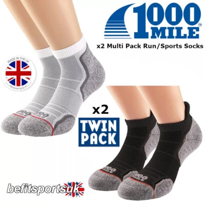 1000 MILE RUNNING SOCKS MENS CUSHIONED SPORTS ANKLET BLISTER WHITE BLACK x 2 - Image 1 of 4