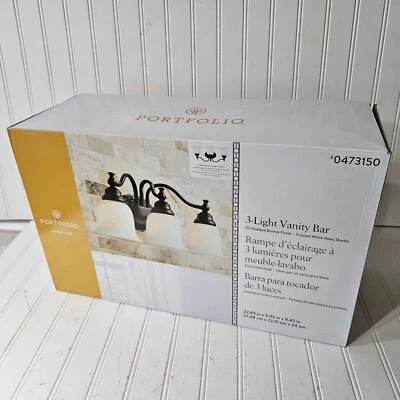 NEW Portfolio Dimmable Vanity Light Bar Oil-Rubbed Bronze Frosted Glass Shades - Image 1 of 4