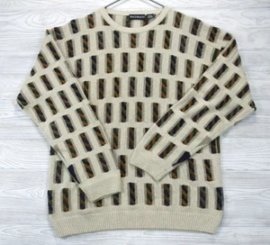 Maglione vintage Bachrach misto seta XL uomo pullover panna multicolore geometrico - Foto 1 di 4