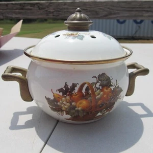 Lincoware Enamel Vented 3/4 Quart Casserole Dish Brass Handle Knob Cornucopia 5" - Picture 1 of 13