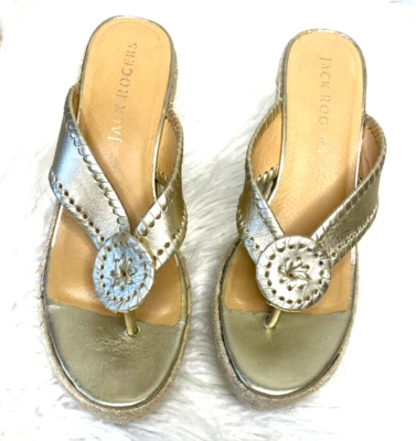 Sandalias de cuña Jack Rogers Rowan cuero dorado plataforma tanga zapatos talla 9M Foto 1 de 4