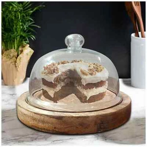 Cake Stand with Dome Glass Wooden Round Stand Holder Multipurpose Platter C1 - Picture 1 of 6