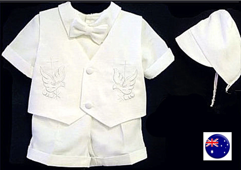 Boys baby child white short sleeves christening shower outfits suits 4 pcs set - Image 1 of 4