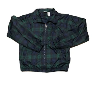 Jerzees Windbreaker Black Watch Tartan Plaid Men Medium Green Jacket Zip VTG - Picture 1 of 8