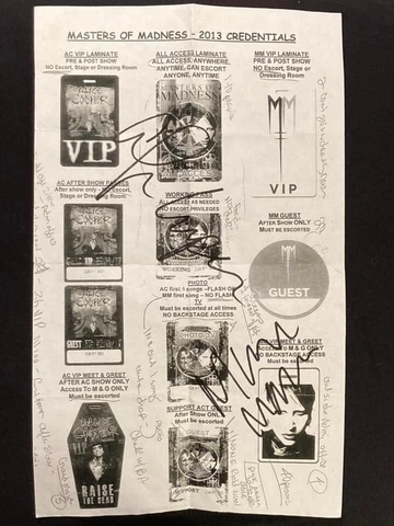 MARILYN MANSON BAND SIGNED AUTOGRAPH ALICE COOPER MASTERS OF MADNESS PASS SHEET Cover