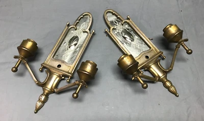 VTG Pair Nickel Brass Textured Mirror Wall Sconce Light Fixtures Old 689-23B - Image 1 of 4