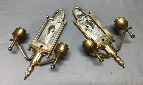 VTG Pair Nickel Brass Textured Mirror Wall Sconce Light Fixtures Old 689-23B Cover